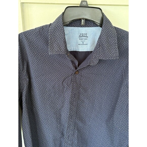 Izod Saltwater Men’s XL Navy w/White Dots Slim Fit Long Sleeve Relaxed Fit Shirt - Picture 1 of 7